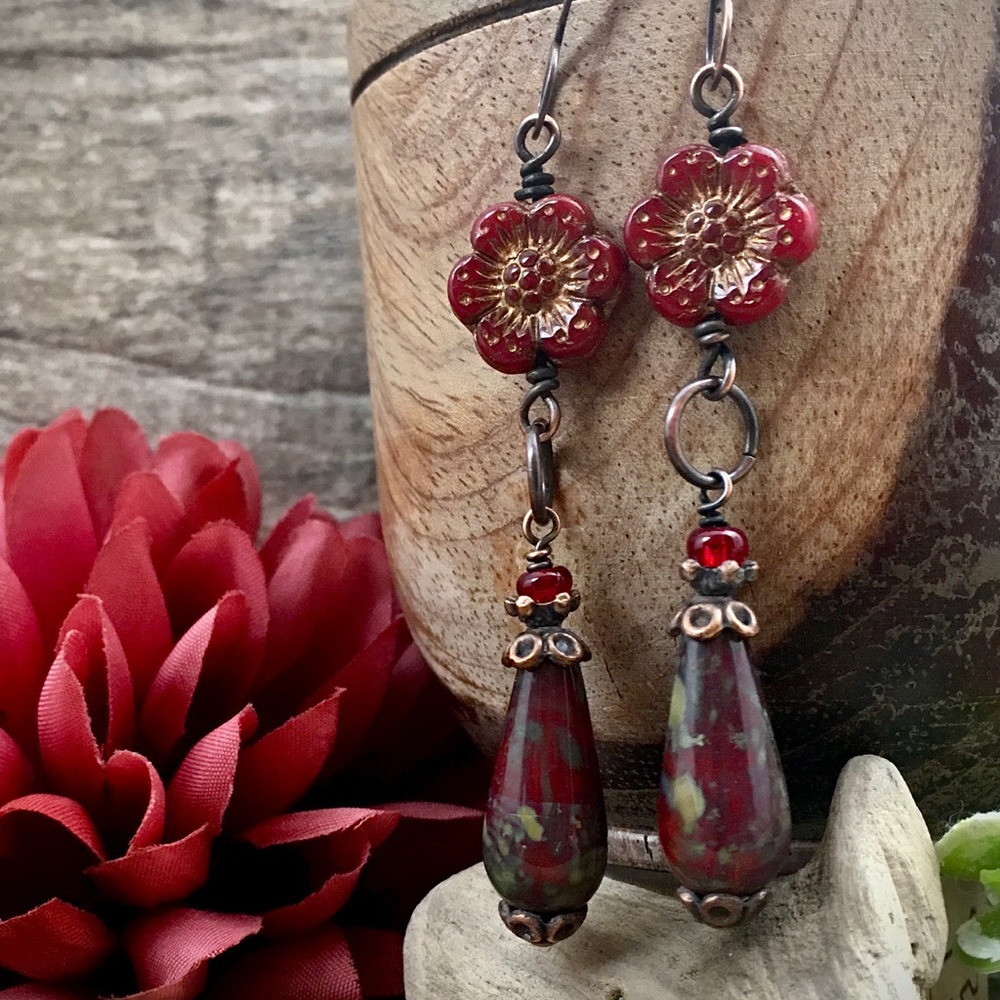 Copper Czech glass bead floral dangle earrings